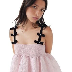 Dream Sister Jane Pink smocked velvet bow strap babydoll mini dress Small NWT